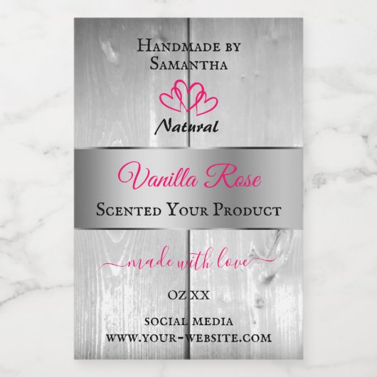 銀白色の木目製品ラベルピンクハート フードラベル (シングルラベル)