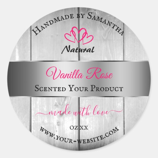 銀白色の木目製品ラベルピンクハート ラウンドシール (正面)