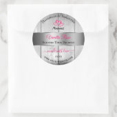 銀白色の木目製品ラベルピンクハート ラウンドシール (バッグ)