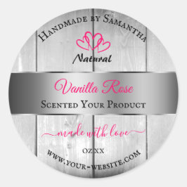 銀白色の木目製品ラベルピンクハート ラウンドシール