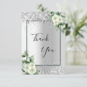 銀白色の花のグリッターが上品で華やか サンキューカード (スタンド正面)