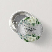 銀白色の花ユーカリ緑の名前タグ 缶バッジ (正面&裏面)