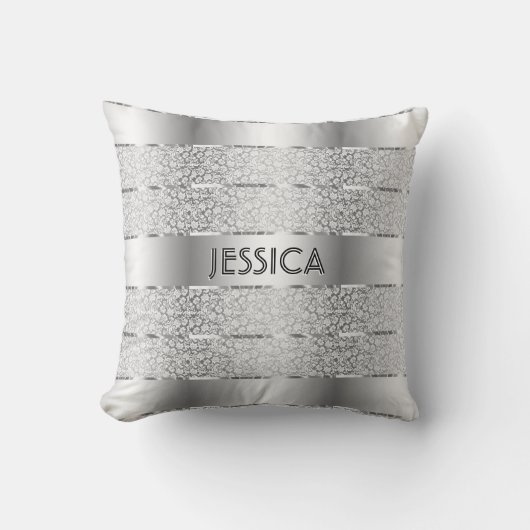 銀白色の花柄ストライプ クッション (正面)