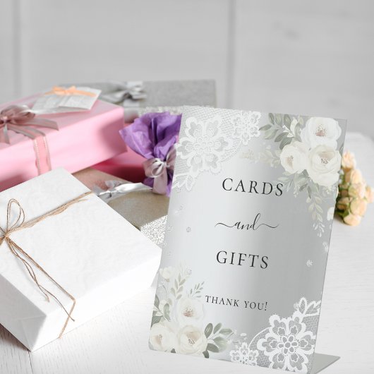 銀白色の花模様がレースのカードギフトサイン 台座サイン