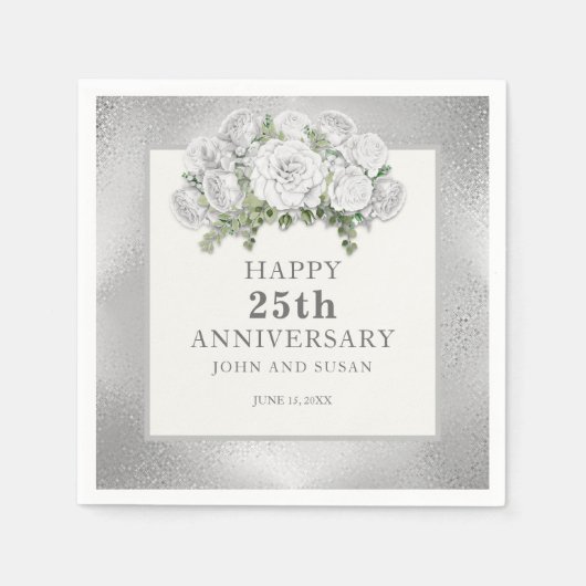 銀白色の花25周年結婚記念 スタンダードカクテルナプキン (正面)