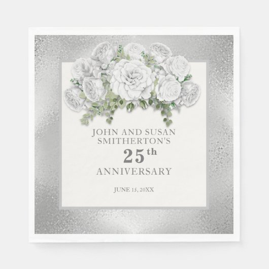銀白色の花 25周年記念結婚式 スタンダードランチョンナプキン (正面)