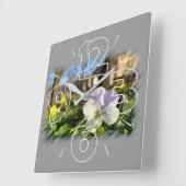 銀白色パンジー スクエア壁時計 (傾斜)