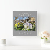 銀白色パンジー スクエア壁時計 (ホーム)