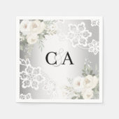 銀白色花模様モノグラム結婚ズ スタンダードカクテルナプキン (正面)