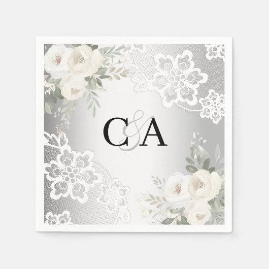 銀白色花模様モノグラム結婚ズ スタンダードカクテルナプキン (正面)