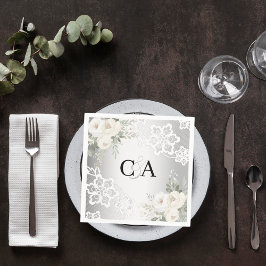 銀白色花模様モノグラム結婚ズ スタンダードカクテルナプキン