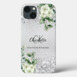 銀白色花模様euclayptusモノグラム名 iPhone 13ケース