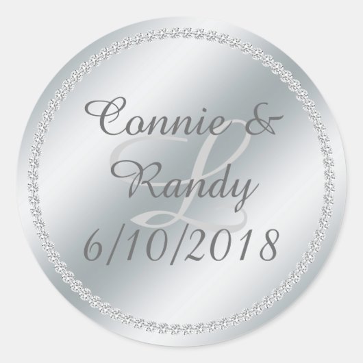 銀箔とダイヤモンドモノグラム結婚のステッカー ラウンドシール (正面)