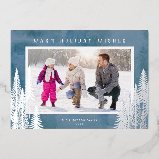 銀箔の常緑樹 青いクリスマス 箔シーズンカード (正面)