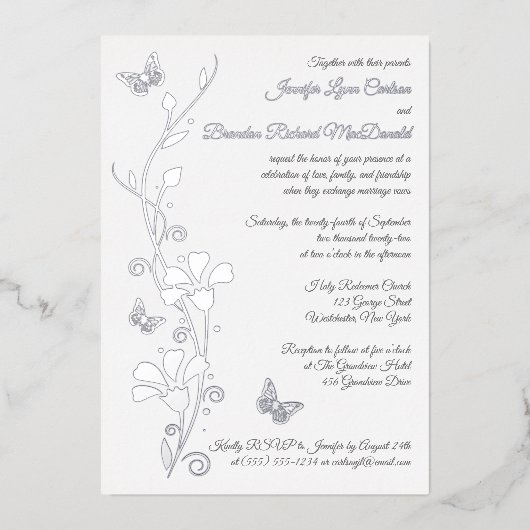 銀箔の花と蝶の結婚式の招待 箔招待状 (正面)