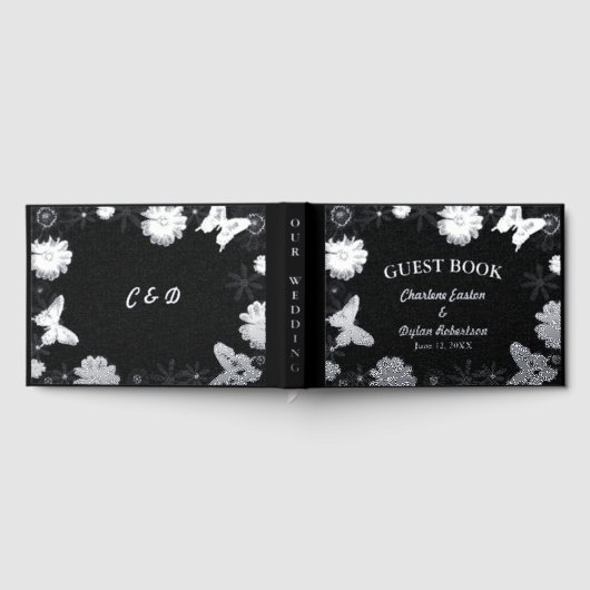 銀箔の花と蝶の黒結婚の ゲストブック (全面)