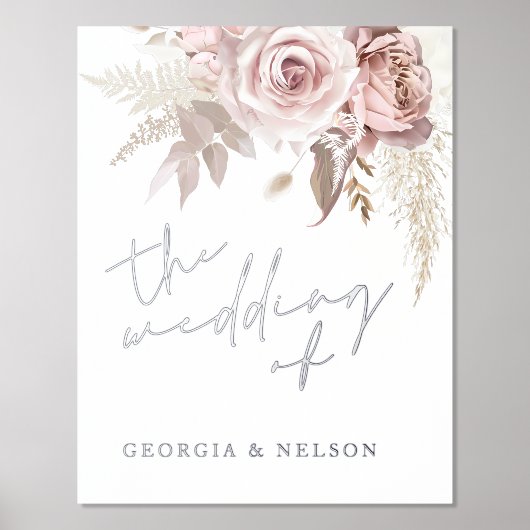 銀箔ほこりっぽいバラ結婚のウェルカムサイン 箔ポスター (正面)