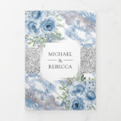 銀箔ほこりっぽい青いフローラ大理石フォト結婚ズ 三つ折り招待状 (カバー)