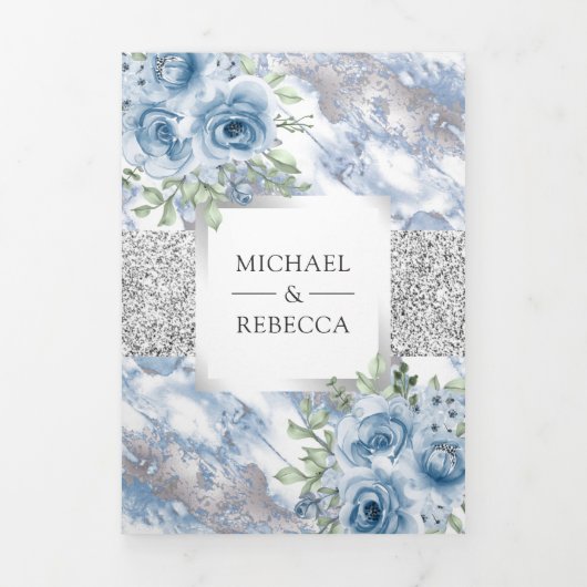 銀箔ほこりっぽい青いフローラ大理石フォト結婚ズ 三つ折り招待状 (カバー)