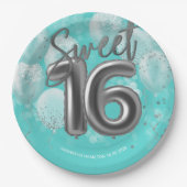 銀箔スウィート16誕生日バルーンパーティーティール（緑がかった色） ペーパープレート (正面)