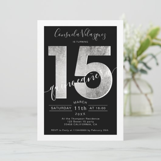 銀箔スクリプトブラックキンセアニェラ写真 招待状 (スタンド正面)