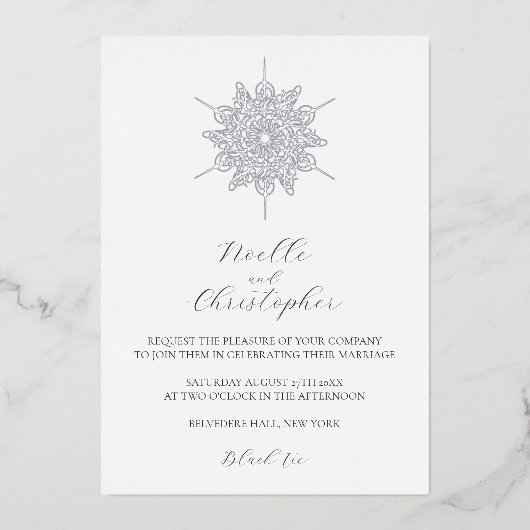 銀箔スノーフレークエレガントウィンターウェディング 箔招待状 (正面)