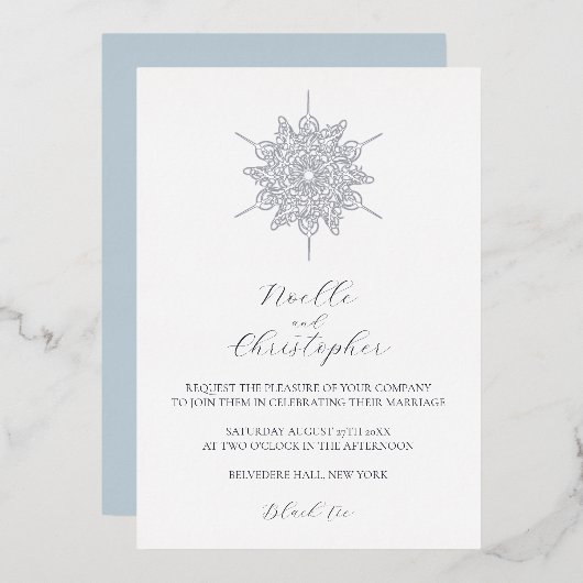 銀箔スノーフレークエレガントウィンターウェディング 箔招待状 (正面/裏面)