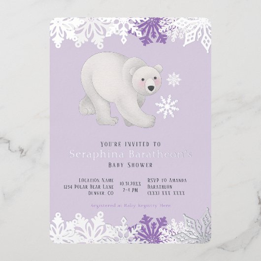 銀箔スノーフレーク極紫ベビーシャワー 箔招待状 (正面)
