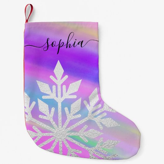 銀箔スノーフレーク·カスタム·スクリプト名Unicorn スモールクリスマスストッキング (正面)