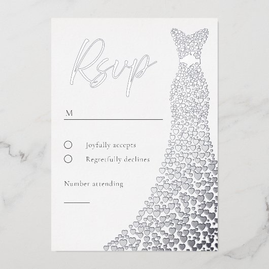 銀箔ドレスブライダルまたは誕生日RSVPカード 箔招待状 (正面)