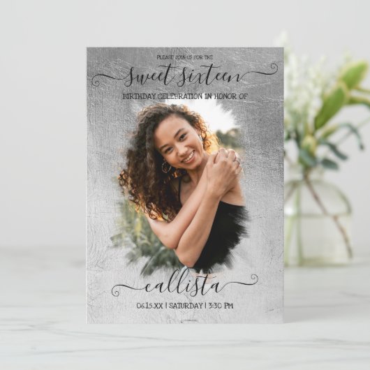 銀箔ハローフォトコラージュスウィート16 招待状 (スタンド正面)