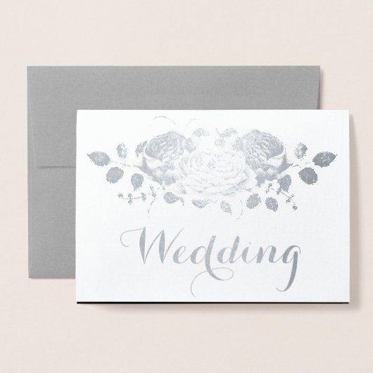銀箔バラタイポグラフィ結婚式招待状 箔カード (封筒付き正面)