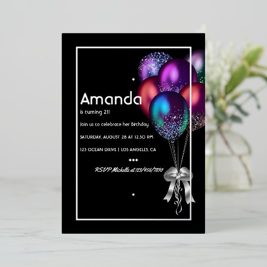 銀箔バルーン誕生日招待状 箔招待状 (立ち正面)