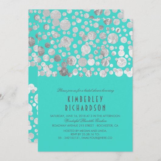 銀箔フェイク紙吹雪ティール（緑がかった色）ブライダルシャワー 招待状 (正面/裏面)
