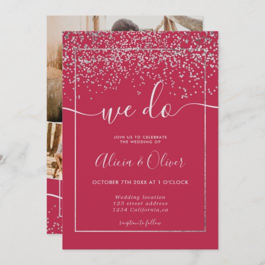 銀箔マゼンタフォトイニシャル結婚ズ 招待状 (正面/裏面)