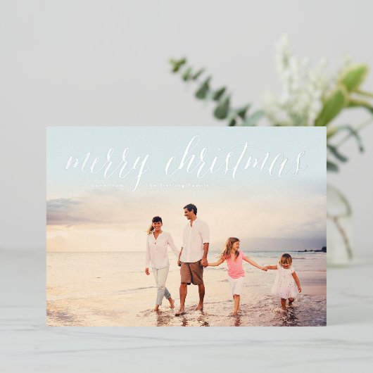 銀箔メリークリスマスフォトカード |アイスブルー 箔シーズンカード (立ち正面)