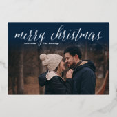 銀箔メリークリスマスフォトカード |ネイビーブルー 箔シーズンカード (正面)