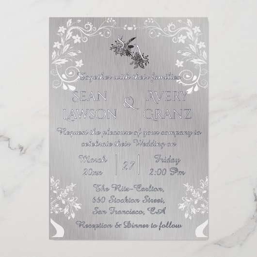 銀箔ヴィンテージ銀白色装飾品縁ど 箔招待状 (正面)