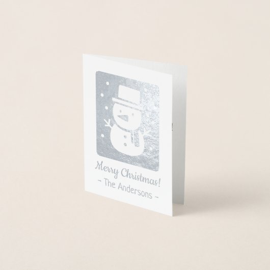 銀箔押しのマフラーをしたかわいい雪だるまのクリスマスカード 箔カード (正面)