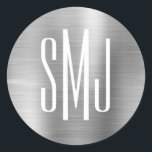 銀箔3文字モノグラム ラウンドシール<br><div class="desc">好意シンプルシールのデザイン3文字モノグラム。2人結婚の3文字モノグラム封筒用シール。背景には銀灰色フェイクの金グラデーション属箔デジタルアートグラフィックがある。デジタルアート効果のプリントは、写真と一緒に文字デザインすモノグラムのる。</div>