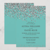 銀紙吹雪エレガント結婚モダンティール（緑がかった色） 招待状 (正面/裏面)