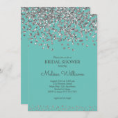 銀紙吹雪ティール(緑がかった色)エレガントモダンブライダルシャワー 招待状 (正面/裏面)