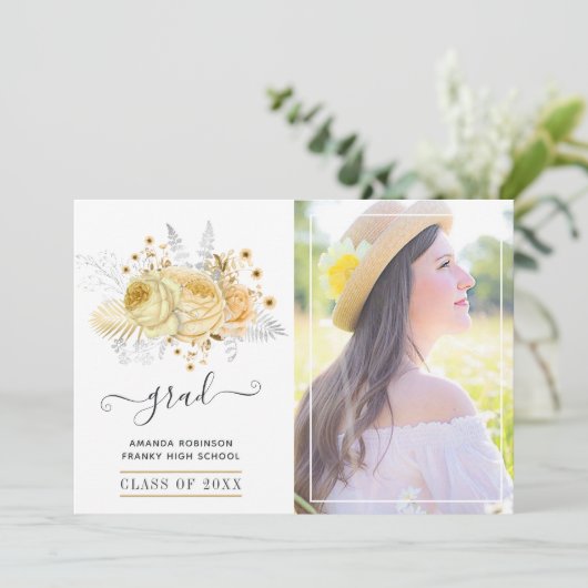 銀素朴と金ゴールドのフローラ卒業写真 案内状 (スタンド正面)