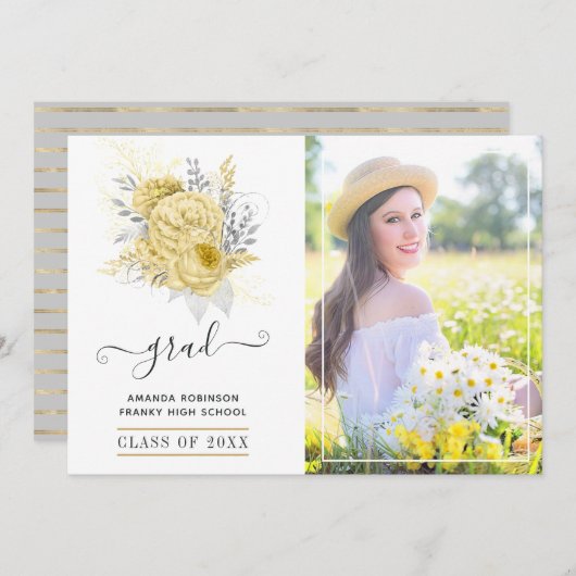 銀素朴と金ゴールドのフローラ卒業写真 案内状 (正面/裏面)