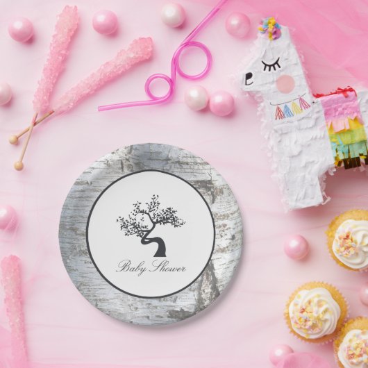 銀素朴樺の木ツリー赤ちゃんシャワー ペーパープレート (パーティー)