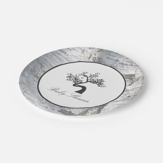 銀素朴樺の木ツリー赤ちゃんシャワー ペーパープレート (アングル)