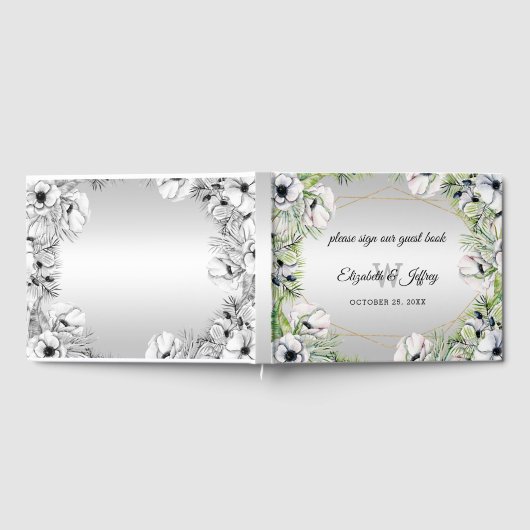 銀素朴白アネモネ金ゴールド幾何学模様結婚 ゲストブック (全面)