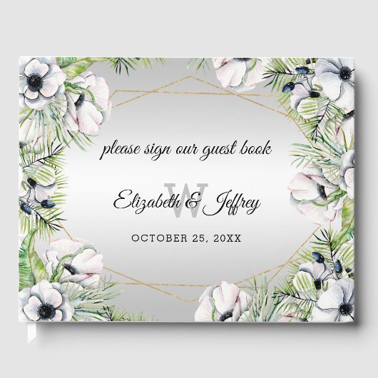 銀素朴白アネモネ金ゴールド幾何学模様結婚 ゲストブック (正面)
