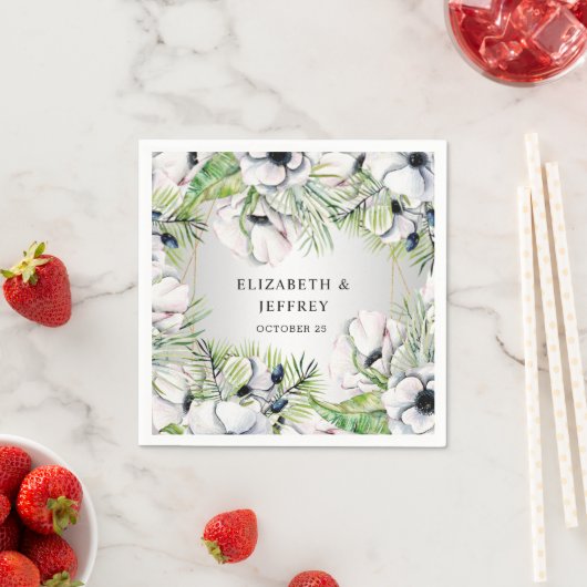 銀素朴白アネモネ金ゴールド幾何学模様結婚 スタンダードカクテルナプキン (インサイチュ)