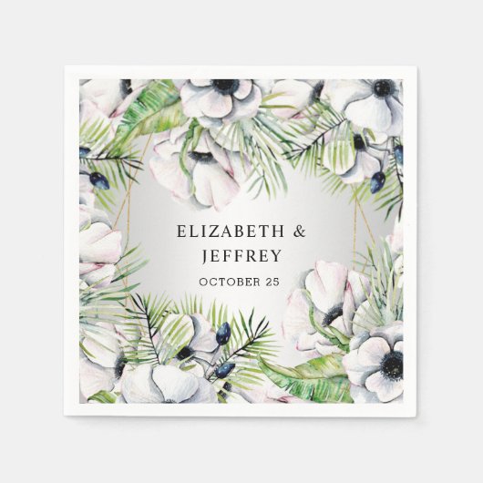 銀素朴白アネモネ金ゴールド幾何学模様結婚 スタンダードカクテルナプキン (正面)